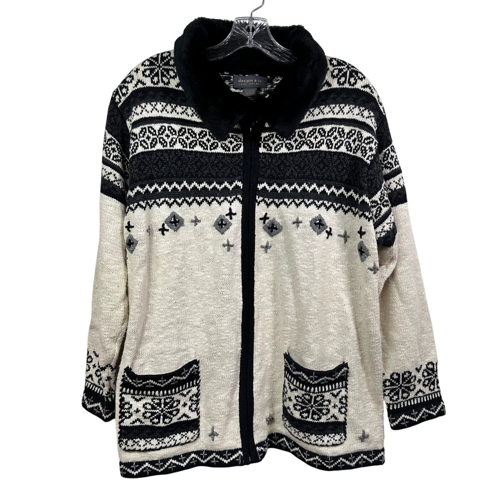 Designs & Co Lane Bryant Fair Isle Zip Cardigan Faux Fur Black Cream 14 16